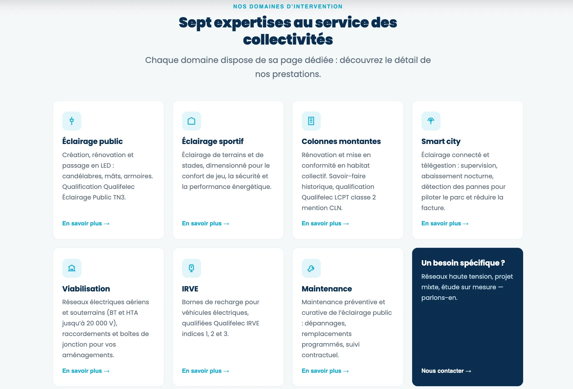 Grille des sept expertises du site Avicollo, avec une huitième tuile qui oriente les besoins hors périmètre vers la page Contact.